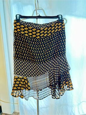 ESQUALO Navy and Mustard Mixed-Pattern Ruffle Midi Skirt